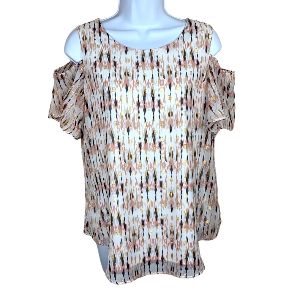 Roz & Ali White Pink Shimmer Cold Shoulder Short Sleeve Blouse Small Retro